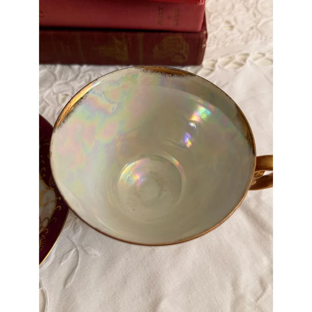 Royal Sealy Lusterware Teacup Saucer, Ruby Red Pedestal China, Gold Gilt Cottage